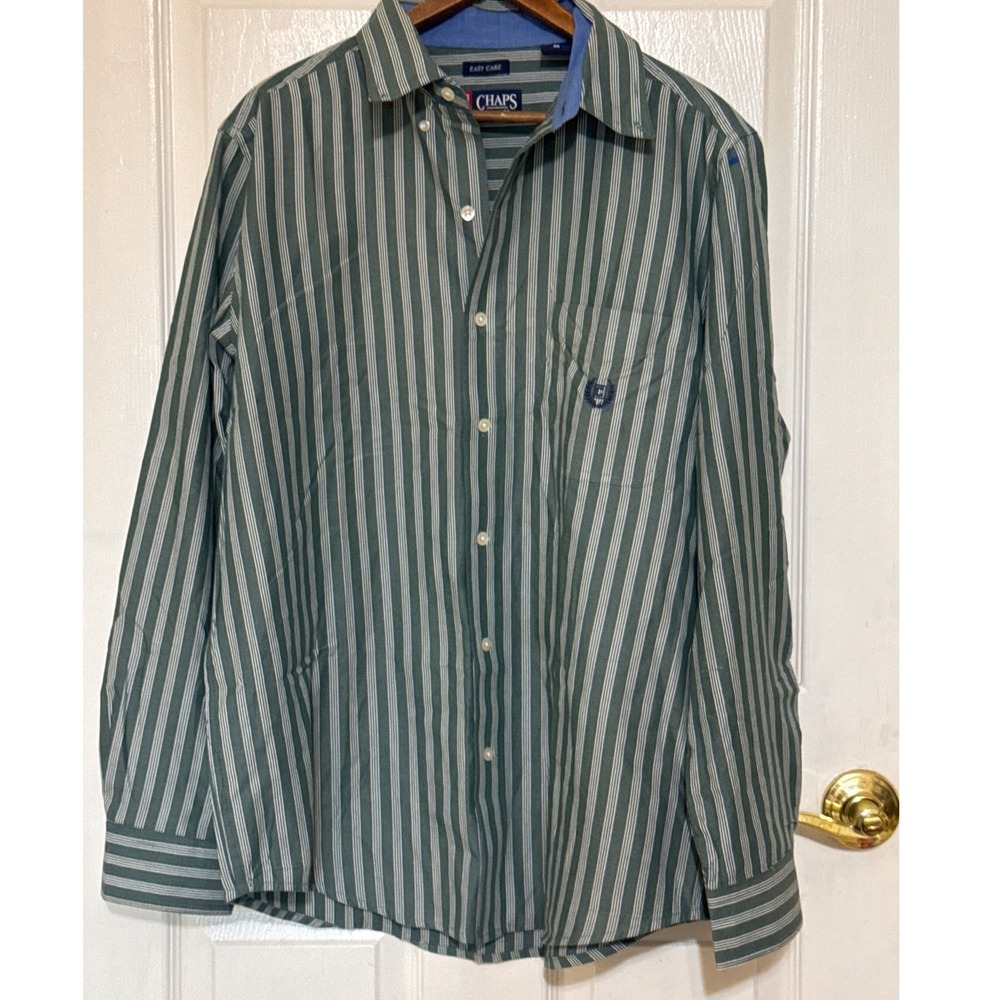 Chaps Mens Easy Care Button Down Shirt Green Blue Striped Long Sleeve Medium